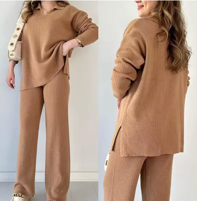 NOMI™ - Completo casual in maglia con scollo a V e spacchi laterali